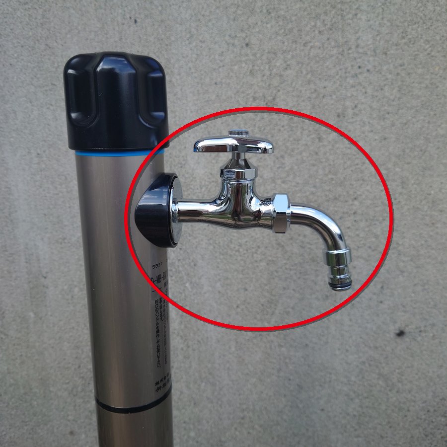 K34SPZ 屋外ホース接続ノズル付給水栓（寒冷地用）。赤い丸で囲んだ蛇口がプレゼント対象です。